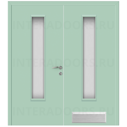 Дверь пластиковая Капель (Kapelli Classic) ментол RAL 6019 двустворчатая ДО стекло 2 с вентиляционной решеткой