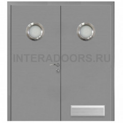 Дверь пластиковая Капель (Kapelli Classic) серый RAL 7046 двустворчатая с двумя иллюминаторами и вентиляционной решеткой
