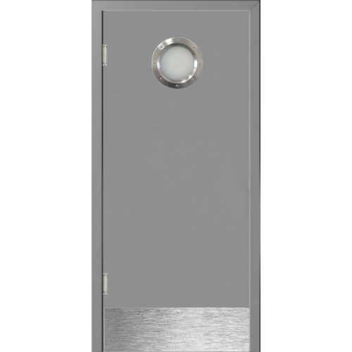 Маятниковая дверь пластиковая гладкая Kapelli Classic темно серый RAL 7046 с иллюминатором и отбойной пластиной
