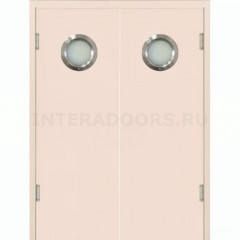 Маятниковая двухстворчатая дверь пластиковая гладкая Kapelli Classic кремовый RAL 9001 с двумя иллюминаторами